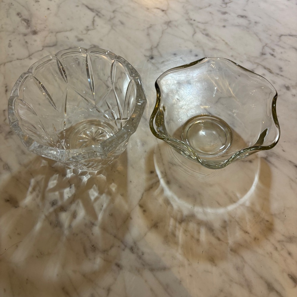 Vintage Clear Glass Bowls Set Cut Glass Starburst and Ruffled Wavy Rim 2pc